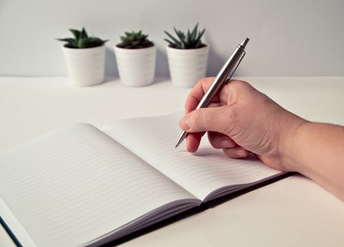 Gratis Persona Sosteniendo Bolígrafo Retráctil Plateado En Libro Con Rayas Blancas Foto de stock